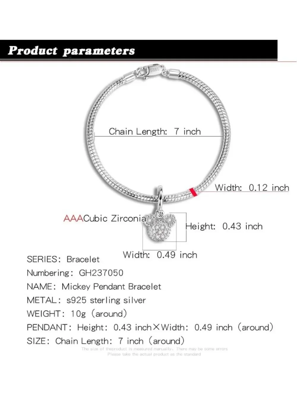 925 Silver Snake Chain Bracelet with Cute Bear Pendant - Adjustable 6.3-9''